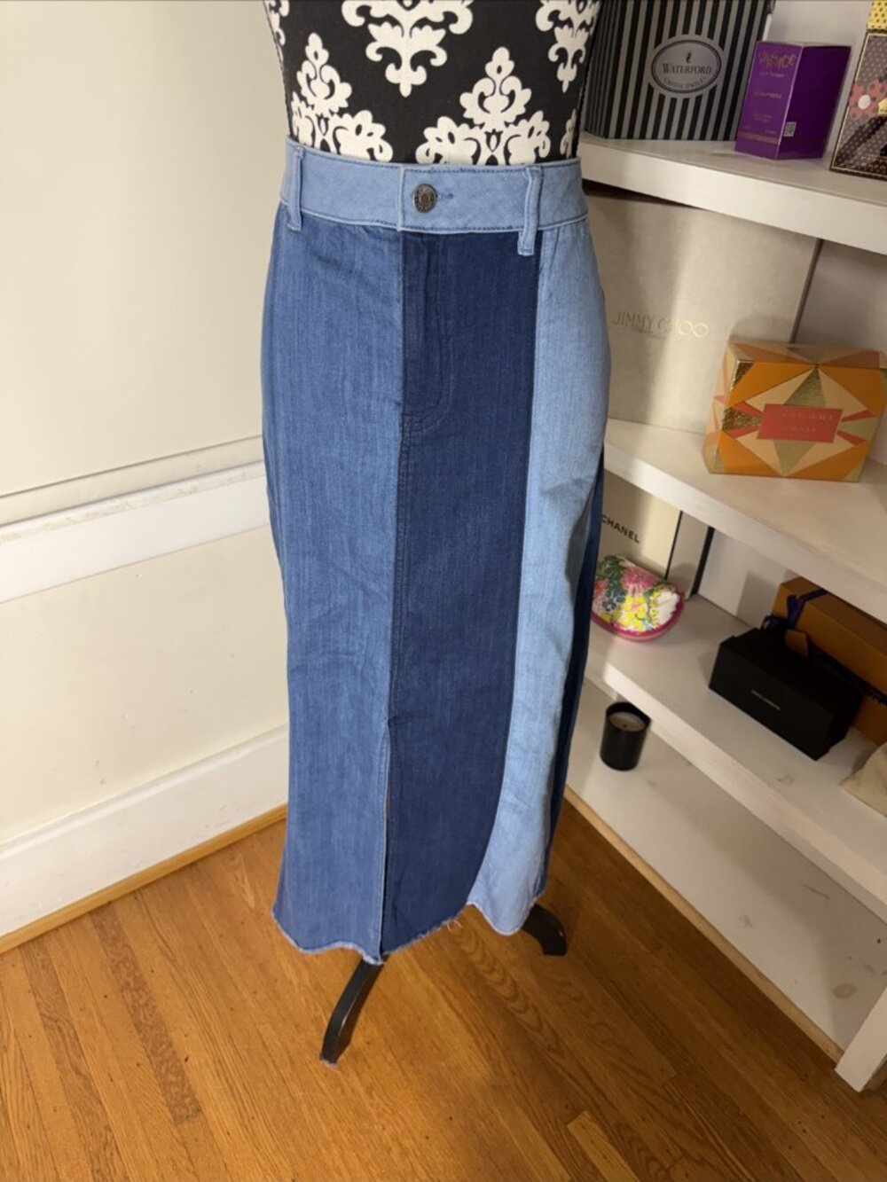 Est. 1946 Denim Skirt. Size 14 Patchwork Denim 70’s Hippie Front Split Festival